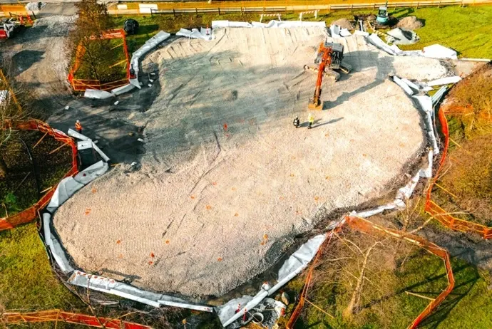 Aerial view of a park site wrapped in geotextile and filled with Enviro-Rock
