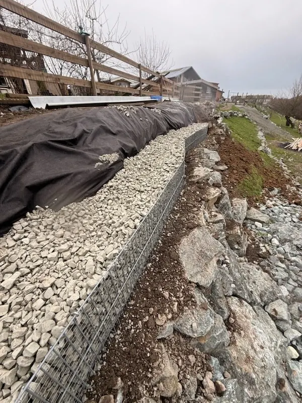 Foam glass aggregate placed behind a gabion-style retaining wall